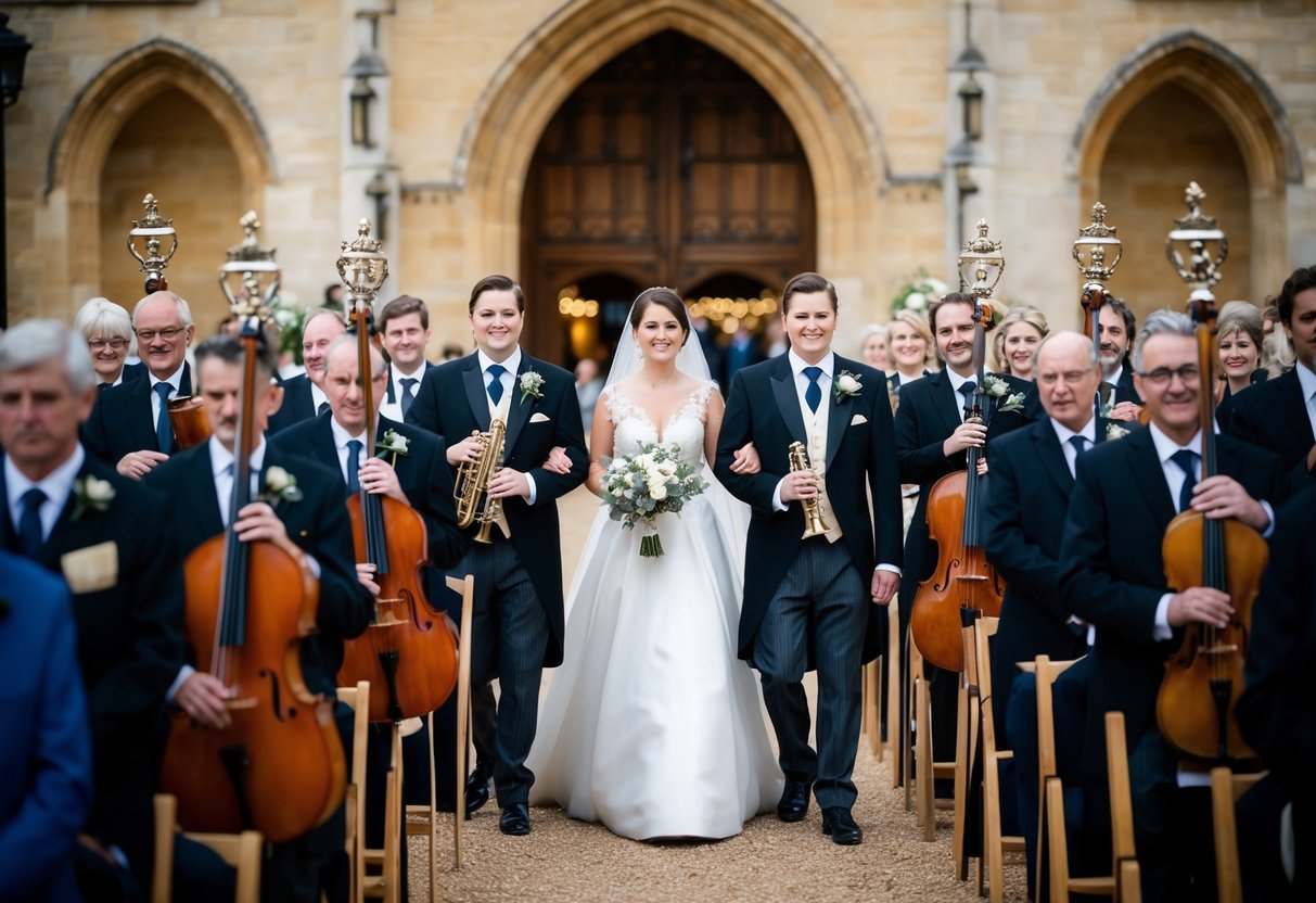A group of musicians and symbolic elements arranged in a processional order, ready to walk down the aisle in the UK