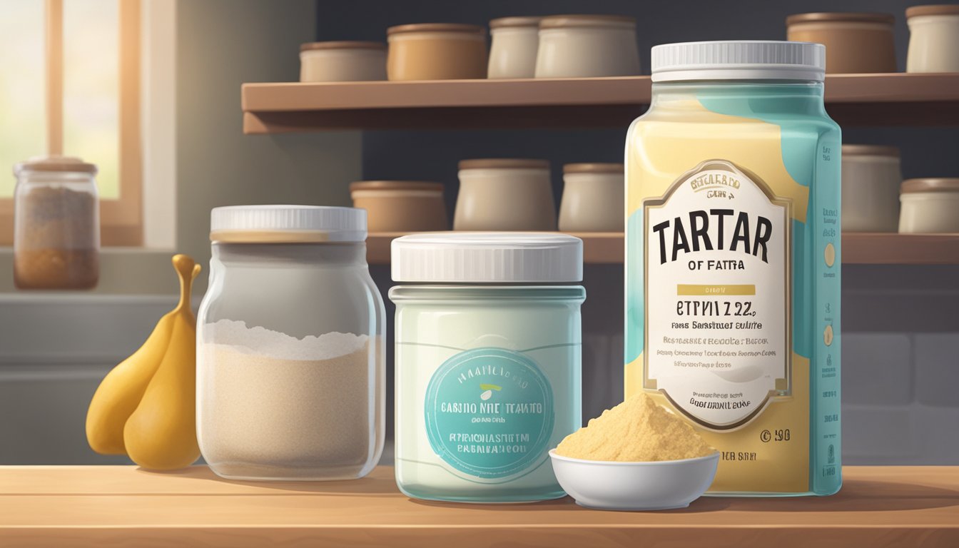 A jar of cream of tartar sits on a shelf next to other baking ingredients. The label shows an expiration date