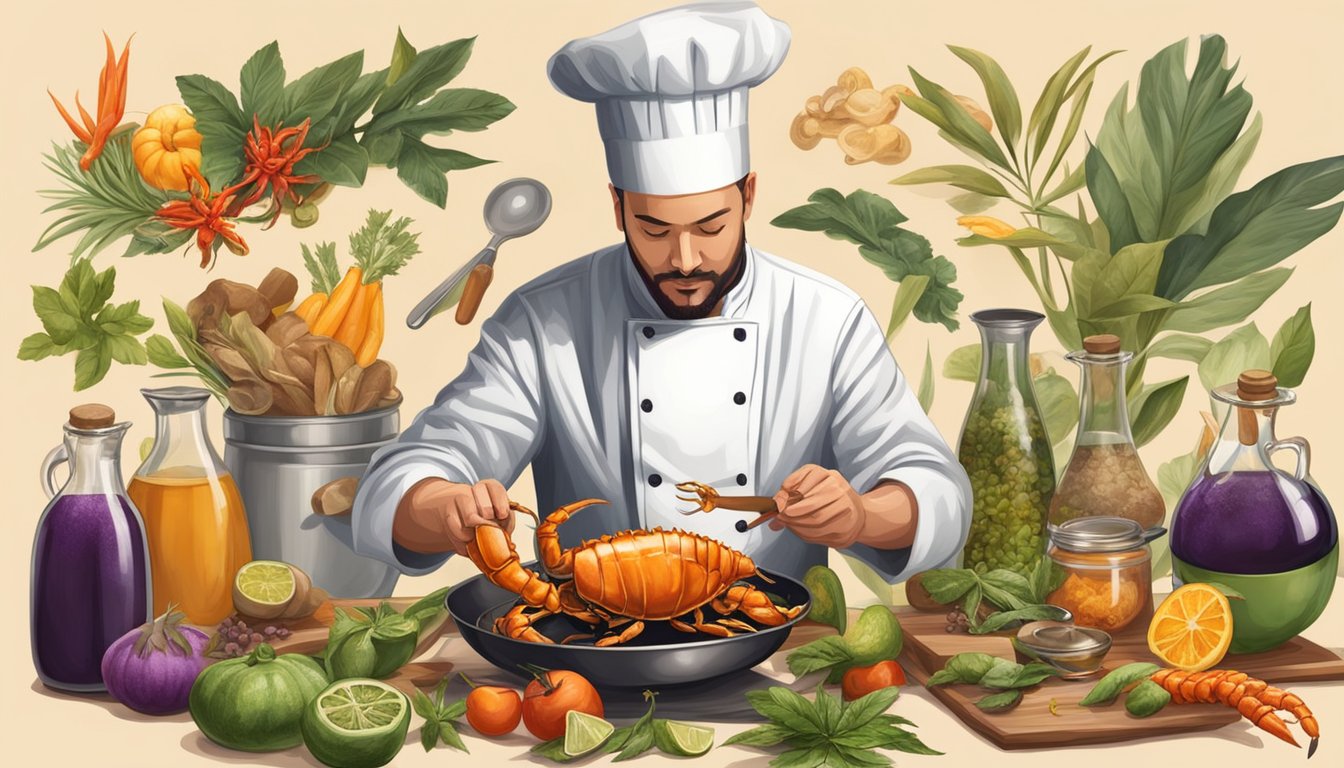 A chef carefully selects and prepares a scorpion, surrounded by various exotic ingredients and cooking utensils