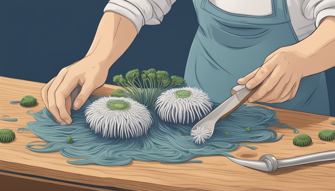 Sea anemones being carefully cleaned and prepared for consumption on a clean, wooden cutting board