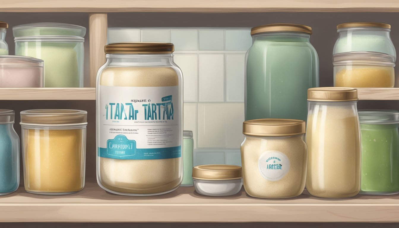 A jar of expired cream of tartar sits on a cluttered pantry shelf, with a faded label and a layer of dust on top