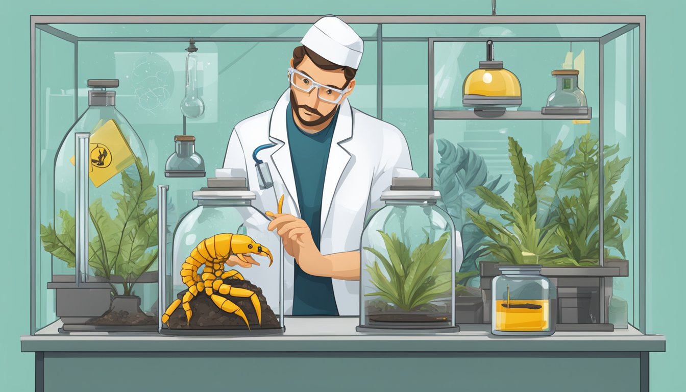 A scientist in a lab coat examines a scorpion in a glass terrarium, surrounded by safety equipment and warning signs