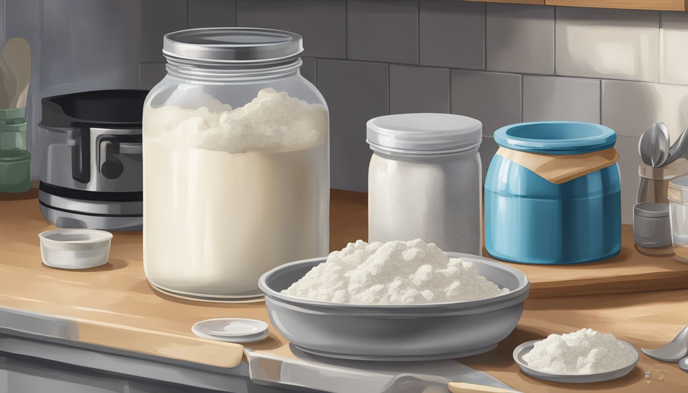 A jar of expired cream of tartar sits on a cluttered kitchen counter, next to a dirty stove and a pile of dishes