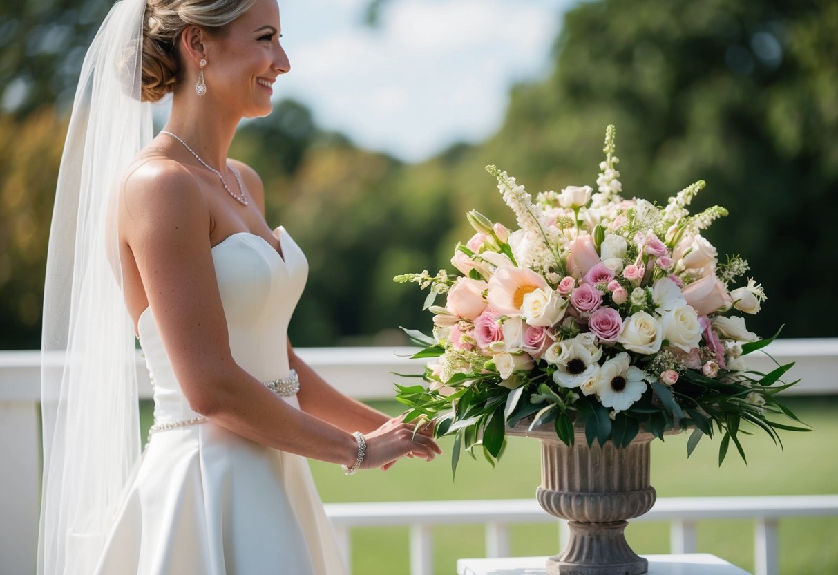 A bouquet of flowers sits on a pedestal next to the bride at the wedding