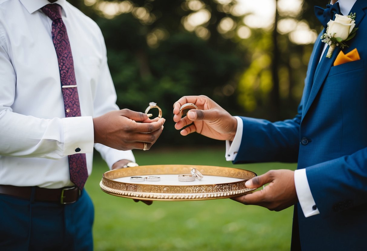 The best man stands beside the groom, holding the wedding rings on a decorated tray