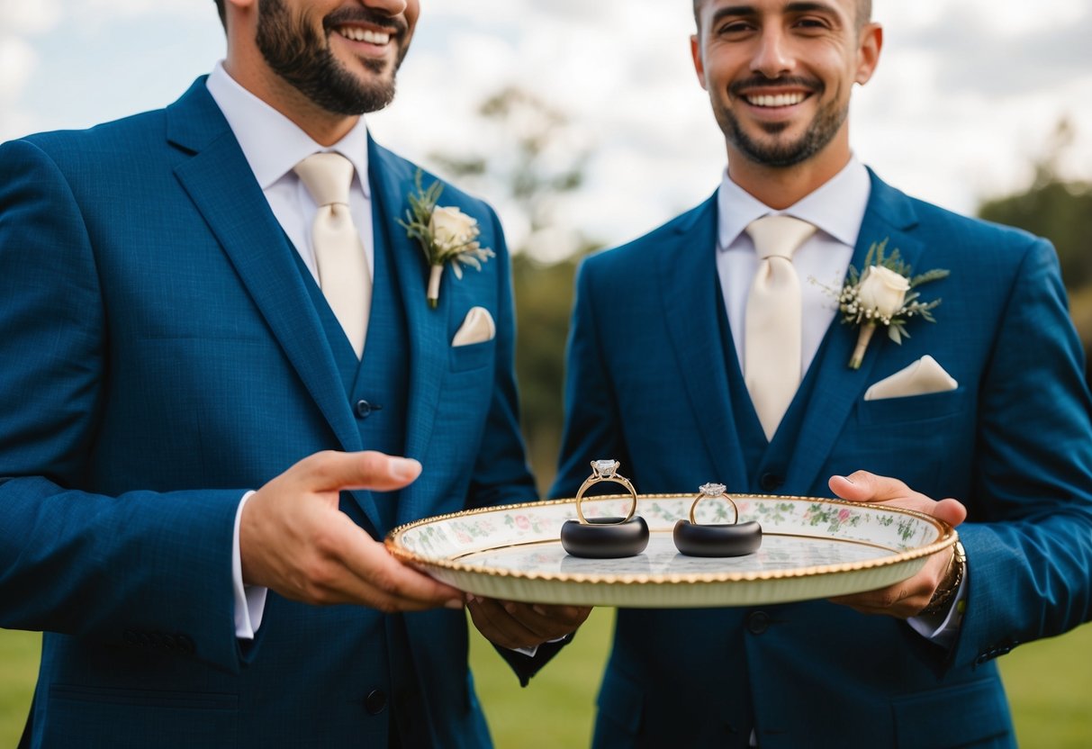 The best man stands next to the groom, holding the wedding rings on a decorative tray