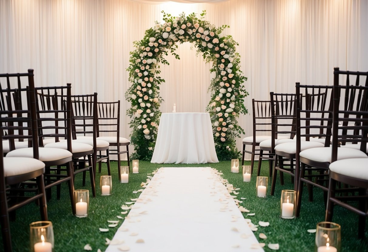 A floral arch stands at the altar, with two rows of empty chairs on either side. A pathway is marked with petals leading to the arch