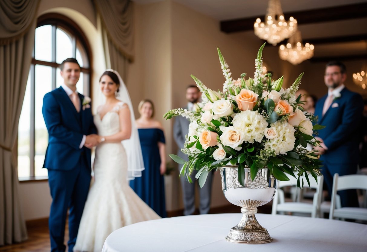A bouquet of flowers on a decorative stand next to the bride at a wedding