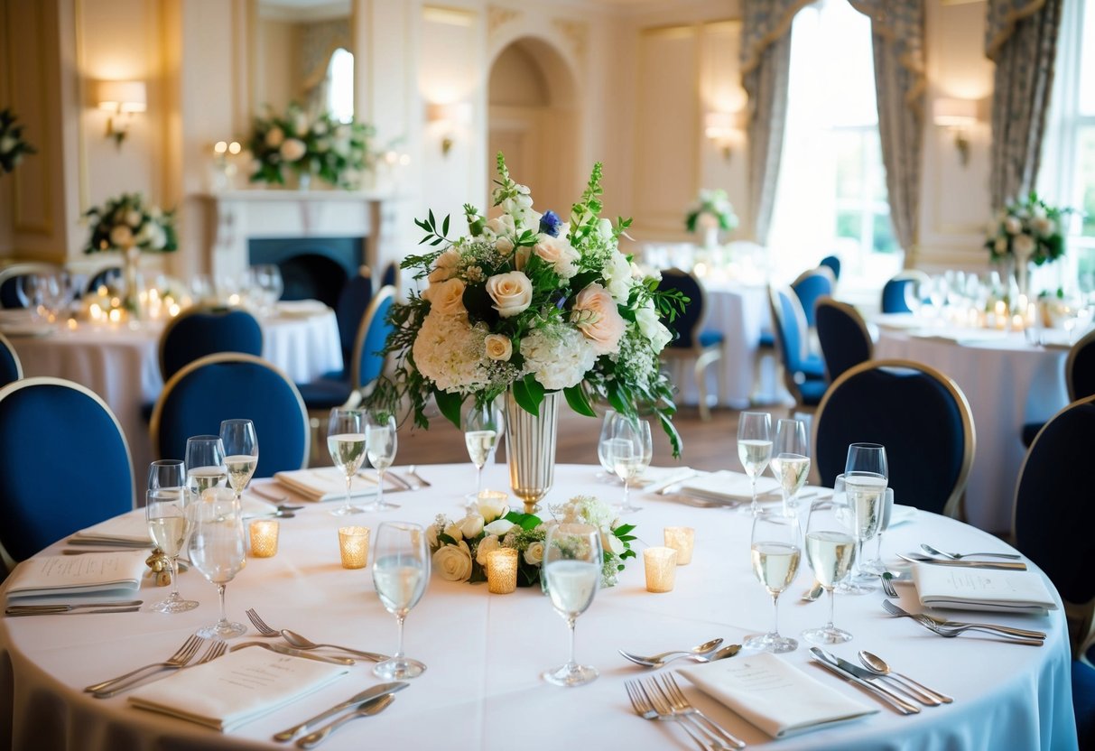A beautifully decorated head table at a wedding in the UK, with elegant place settings and floral centerpieces