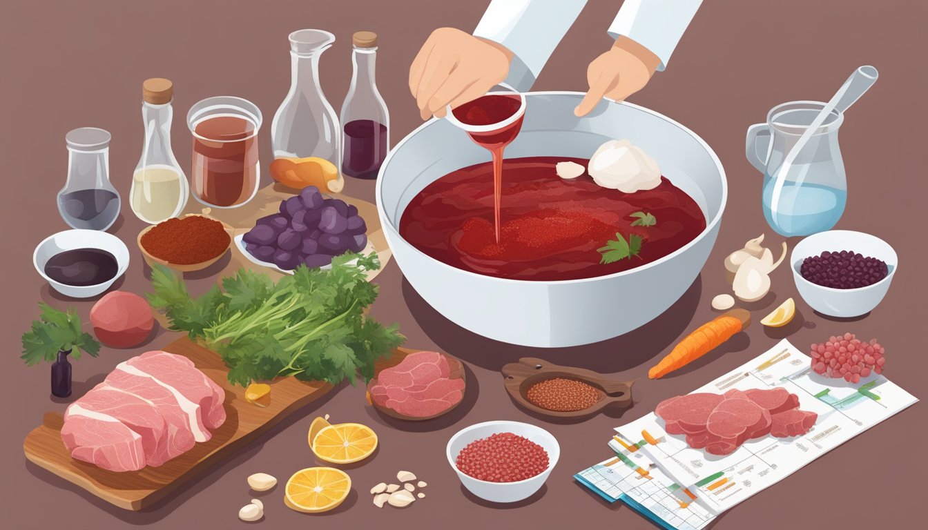 A chef pouring animal blood into a measuring cup, surrounded by various food ingredients and a nutritional chart