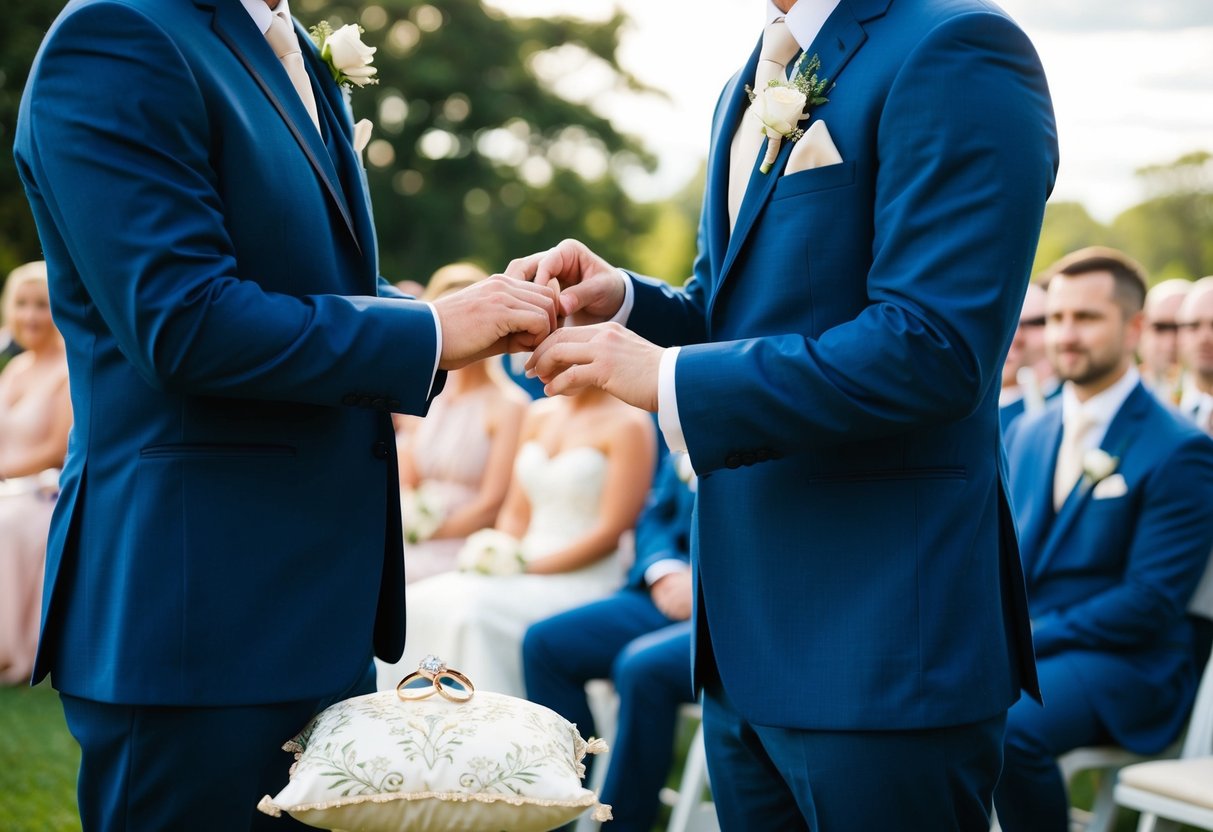 The best man stands beside the groom, holding the wedding rings on a decorative pillow. They both face the front of the ceremony