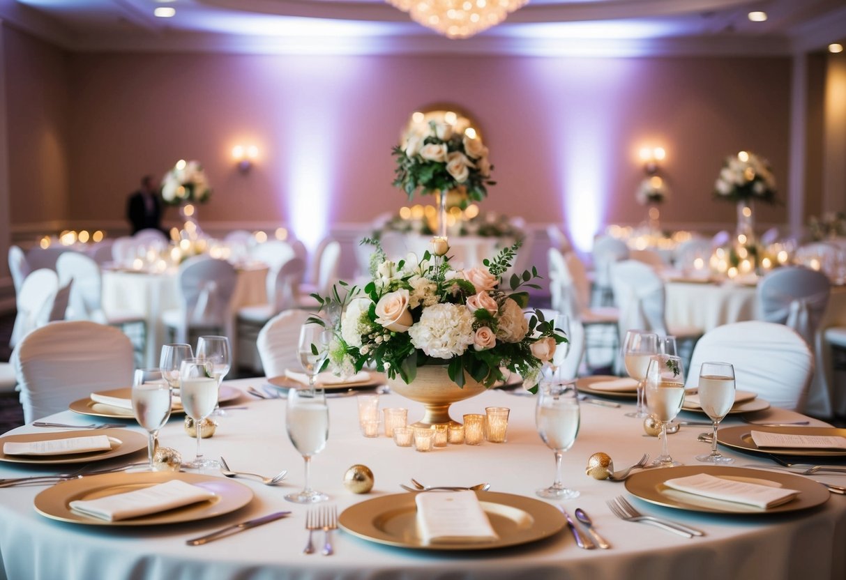 A beautifully decorated head table at a wedding reception, with elegant place settings and floral centerpieces