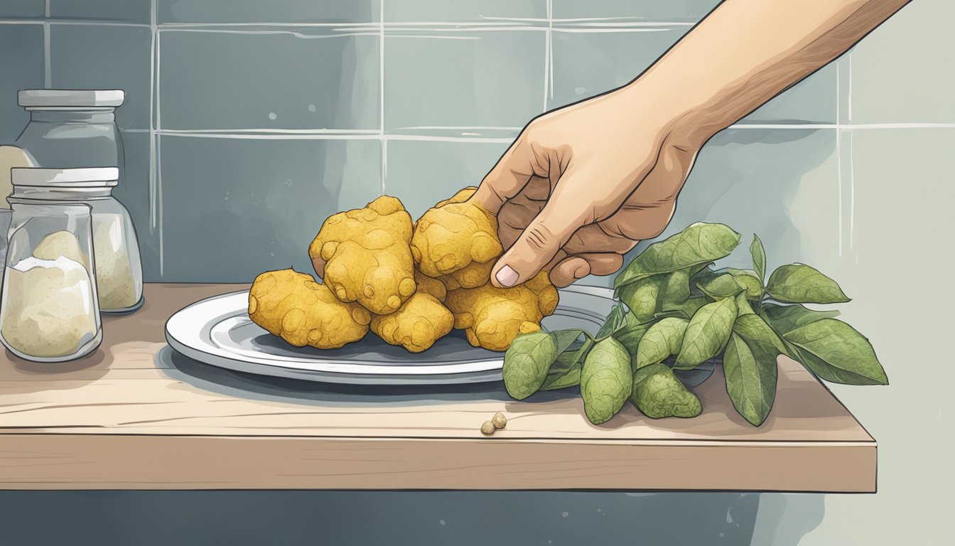 A hand reaching for a piece of moldy ginger on a shelf, with other fresh ginger nearby