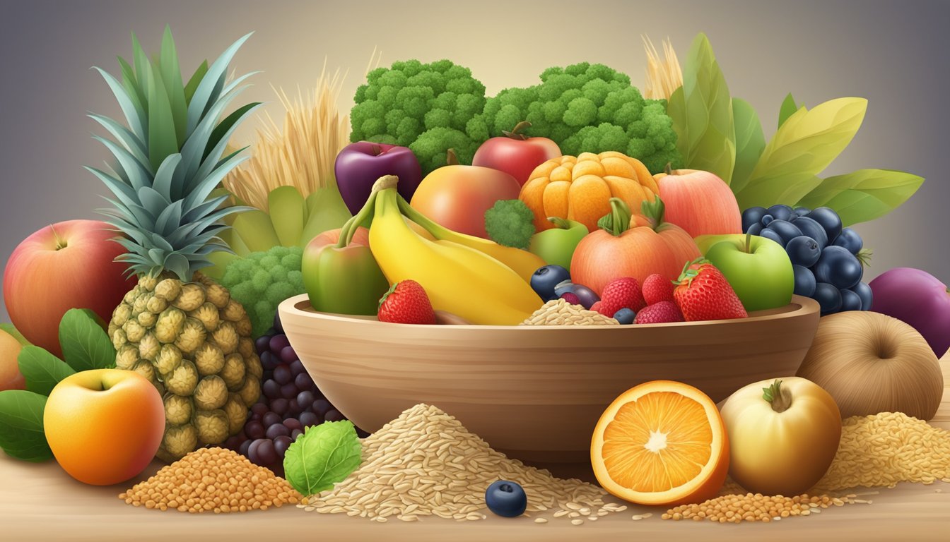 A bowl of sawdust sits next to a variety of colorful fruits, vegetables, and whole grains, emphasizing the importance of a balanced diet and dietary fiber