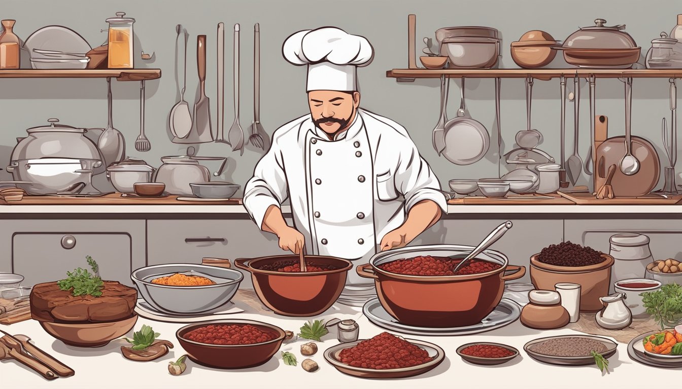 A chef cooking a traditional dish using animal blood as an ingredient, surrounded by various cooking utensils and ingredients