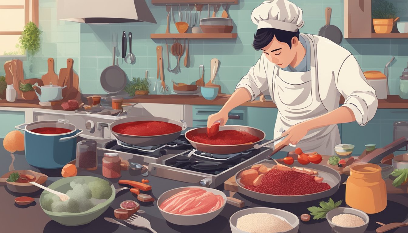 A person cooking animal blood in a kitchen, surrounded by various cooking utensils and ingredients