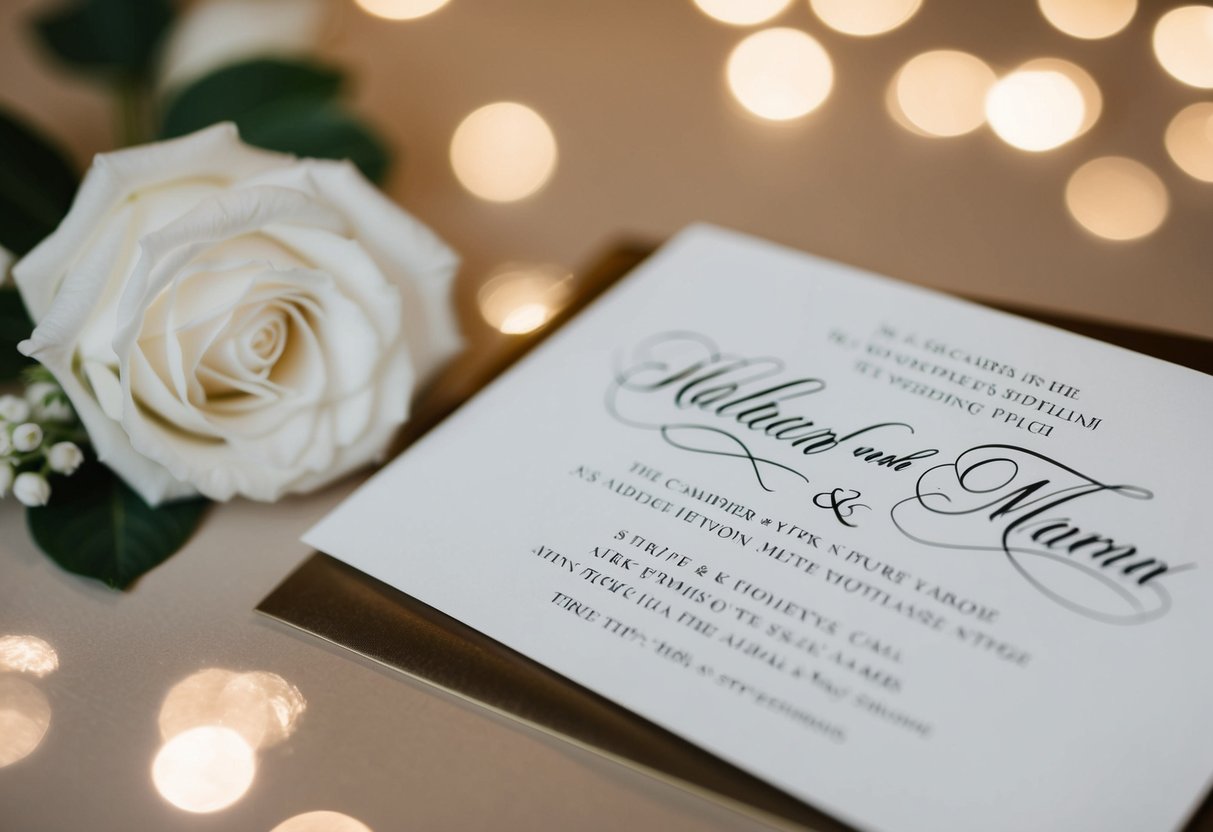 A wedding invitation with the couple's last names written in elegant calligraphy
