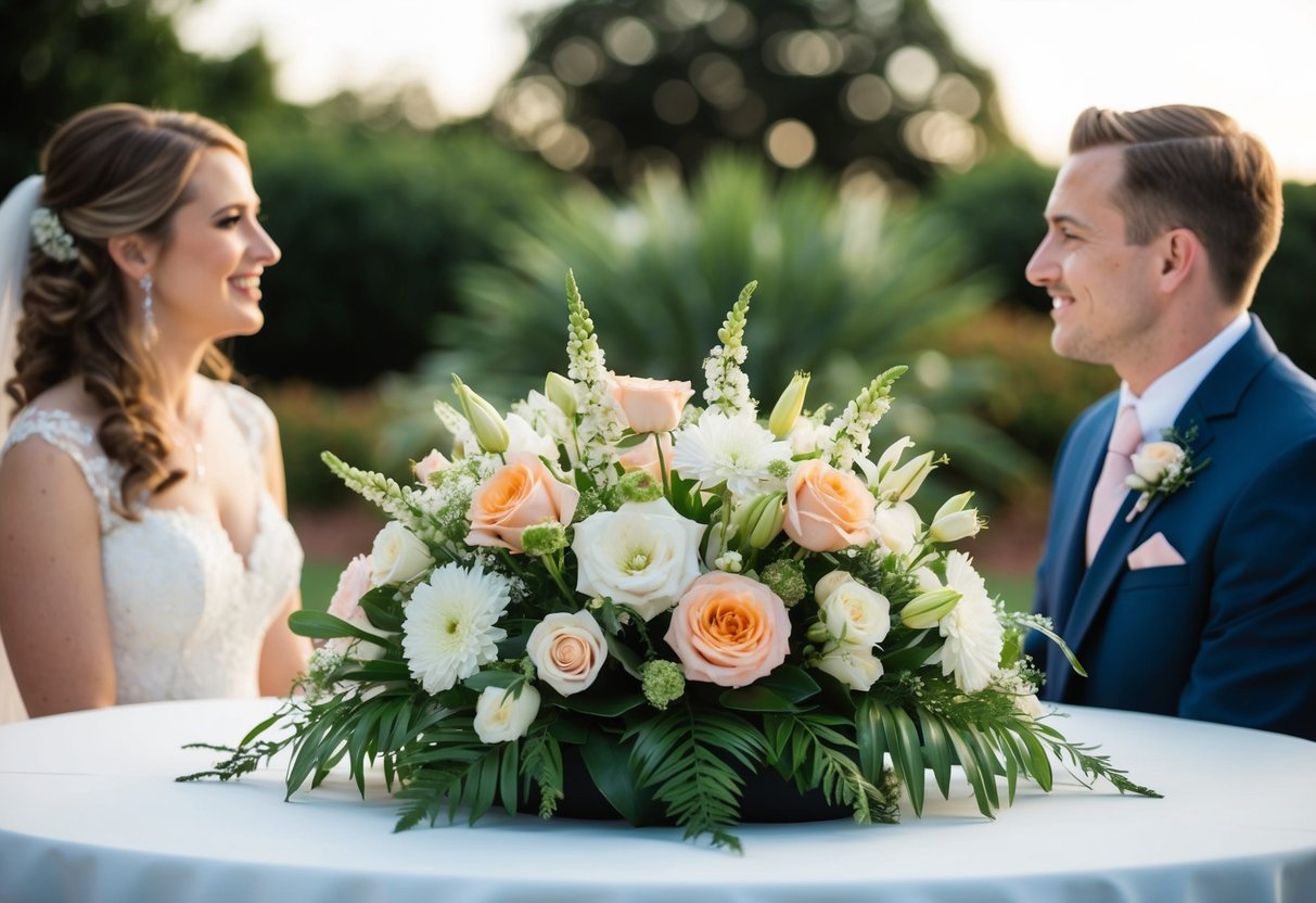 A flower arrangement sits closest to the bride and groom