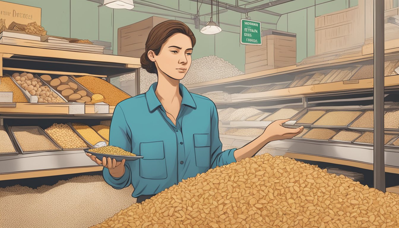 A person holding a plate of food, looking uncertainly at a pile of sawdust next to a sign that reads "Environmental and Ethical Considerations"