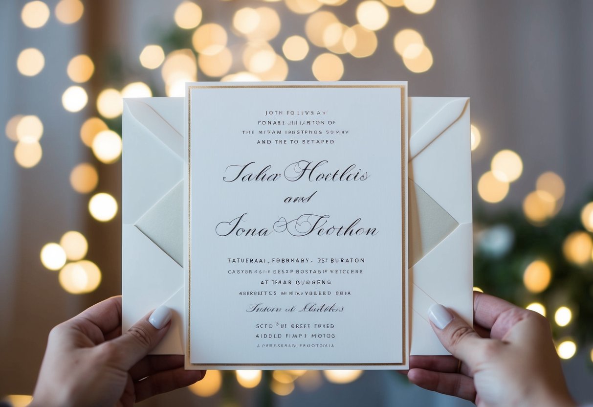 A formal wedding invitation with the couple's last name prominently displayed at the top