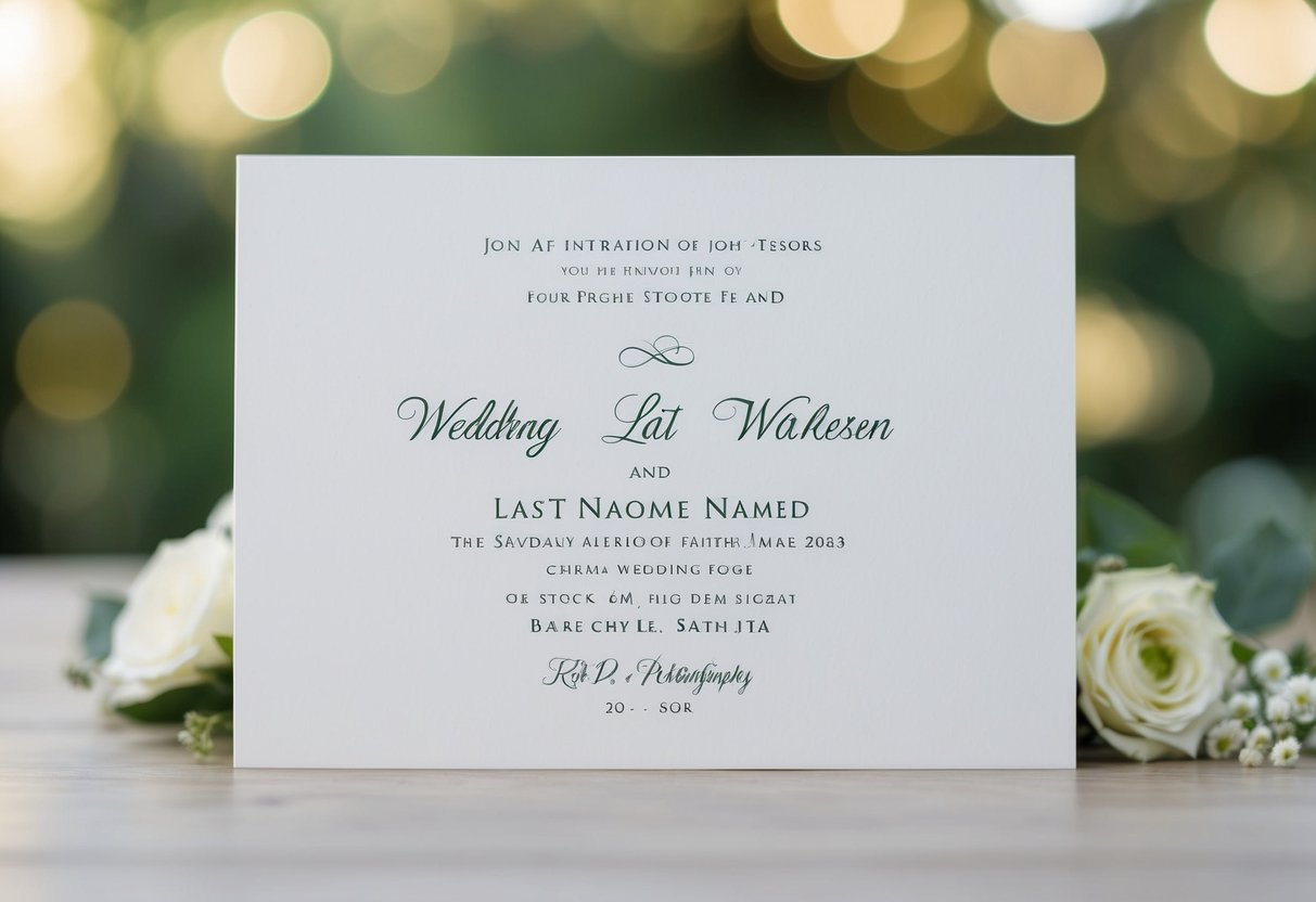 A wedding invitation with two elegant last names, one larger and centered, the other smaller and to the right