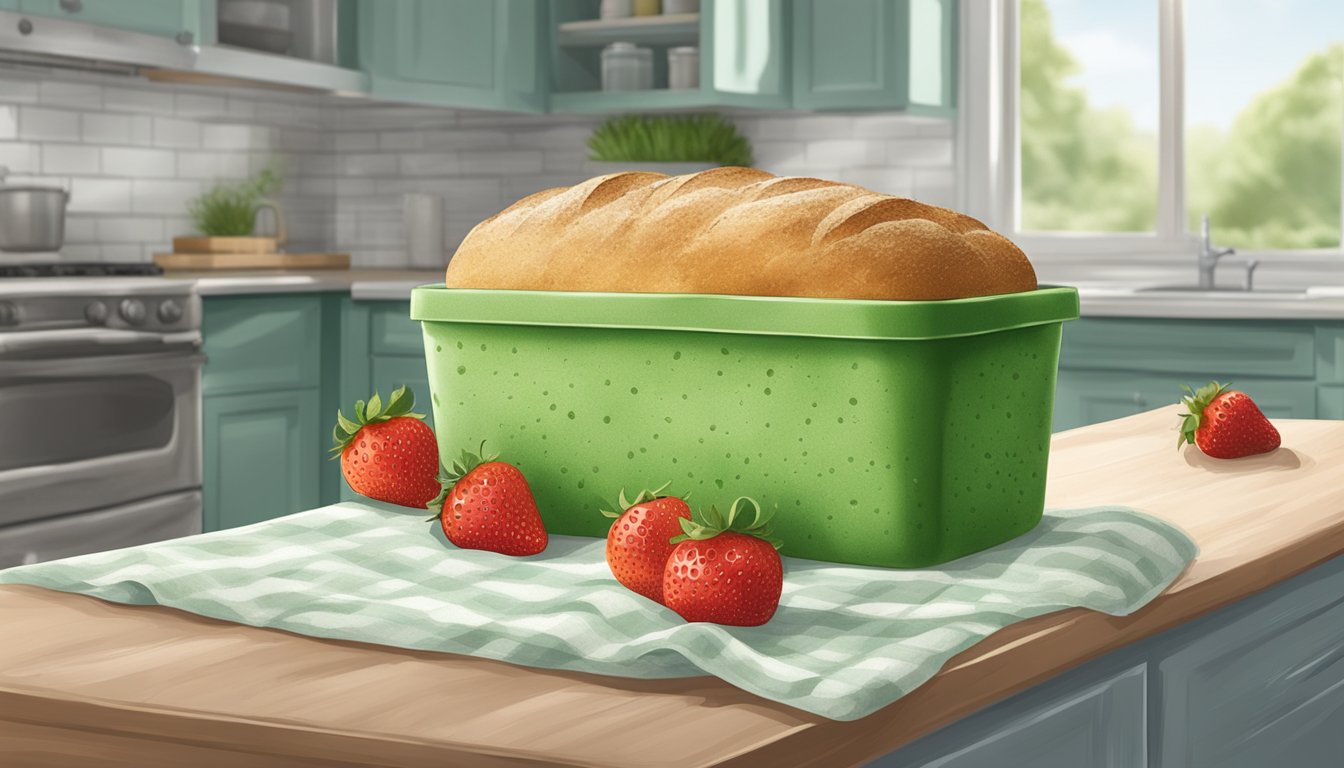 A loaf of bread covered in green and white mold, sitting on a kitchen counter next to a container of strawberries with fuzzy white mold growing on them