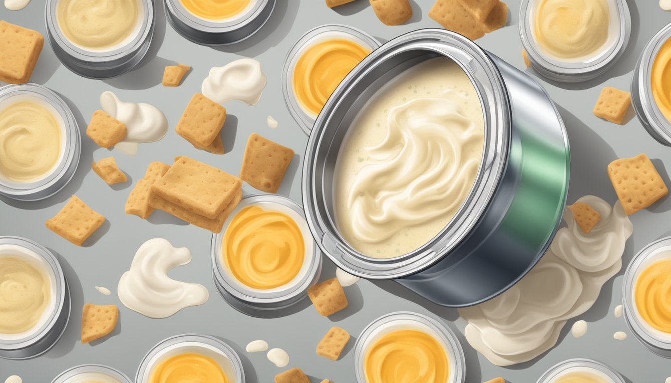 An open can of cream soup mix with a pungent odor and visible mold