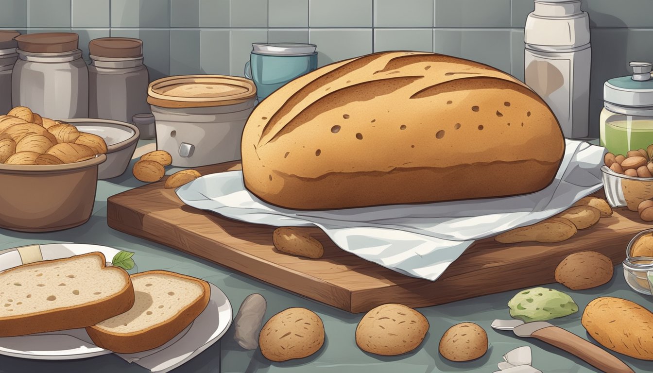 A loaf of bread with visible mold spores, surrounded by other food items on a kitchen counter