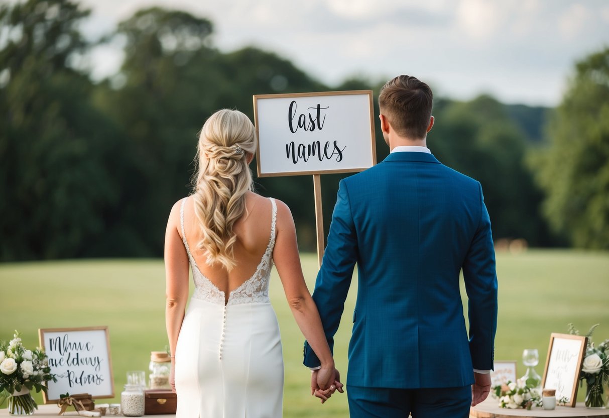 A couple standing back to back, holding up a sign with their last names written on it, while surrounded by wedding-related items