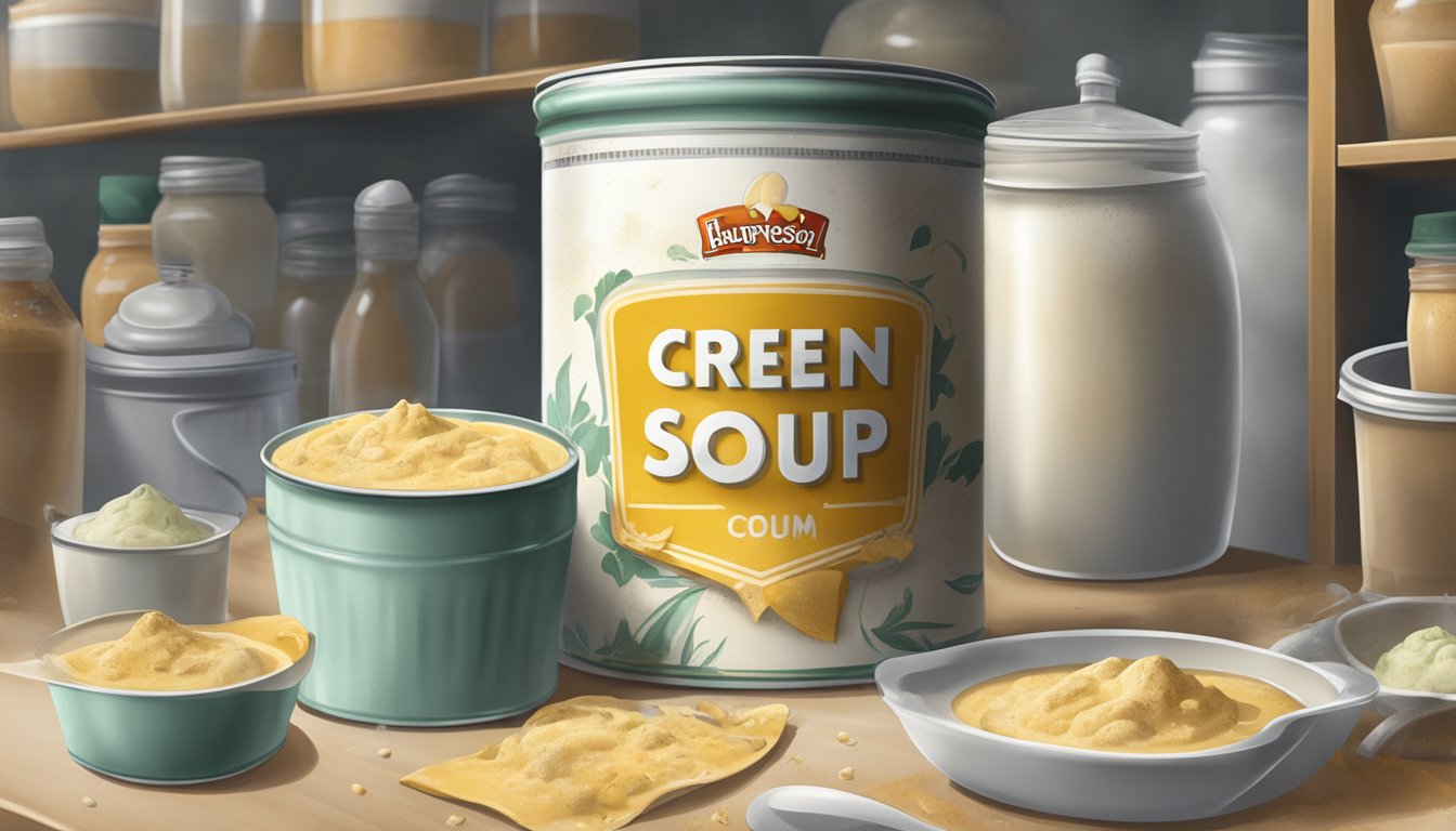 An open can of expired cream soup mix surrounded by moldy food items on a dusty shelf