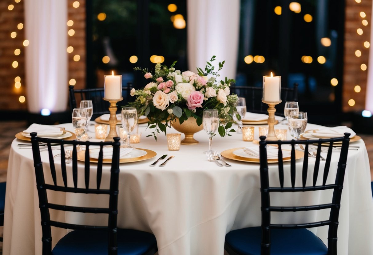 A beautifully decorated table with two chairs, adorned with flowers and candles, is placed at the center of the wedding reception