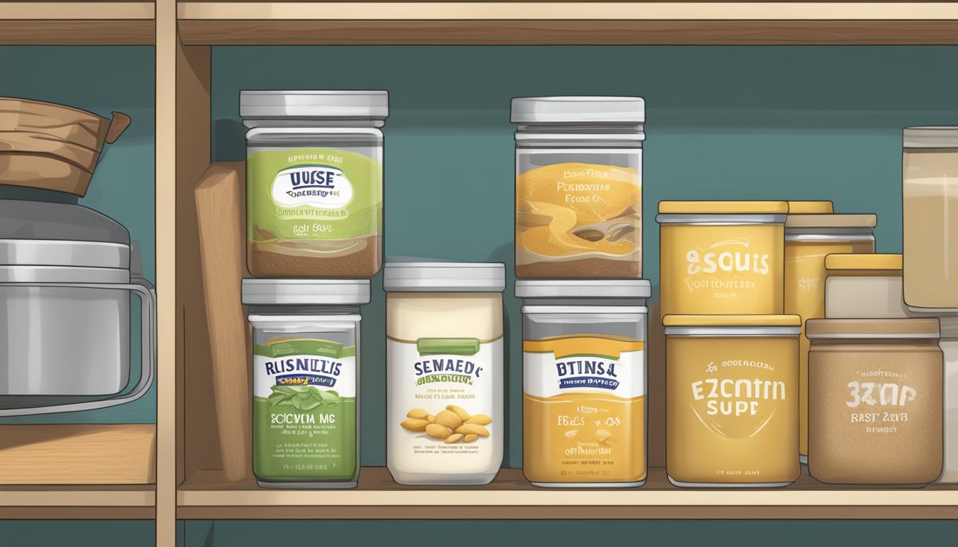 A pantry shelf with expired cream soup mix next to a "use by" date