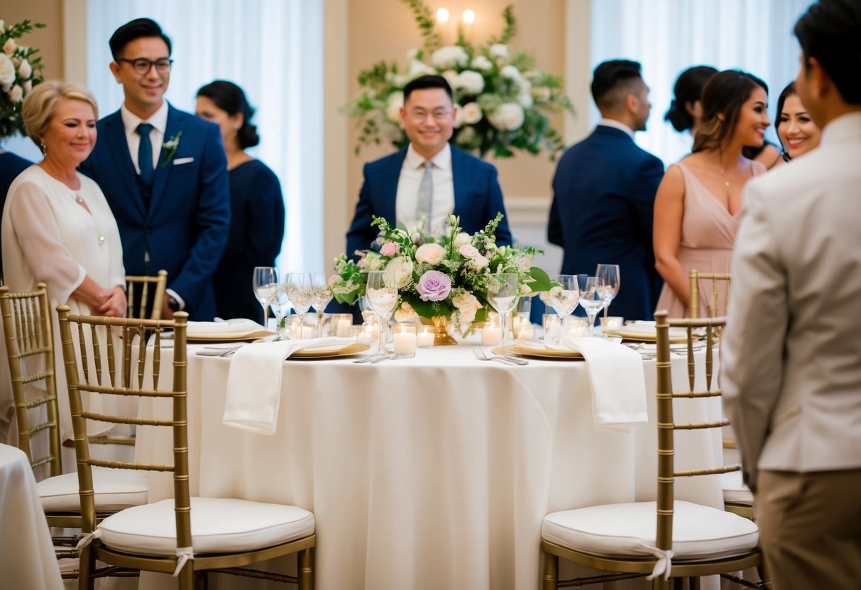 A beautifully set head table with two chairs facing the guests, adorned with elegant floral arrangements and place settings