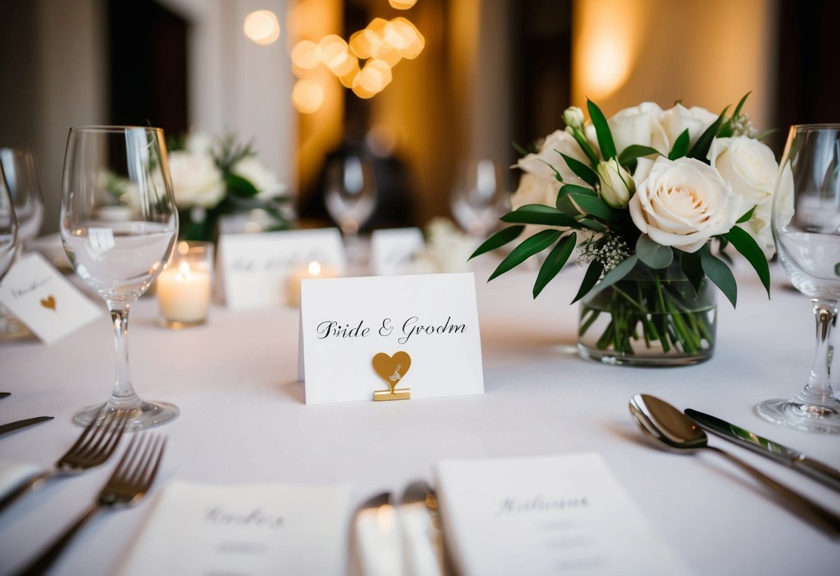 A table with neatly arranged place cards for the bride and groom