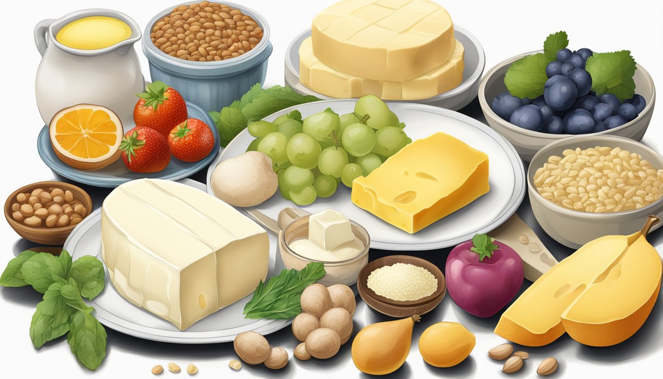 A plate with various animal fats, including butter, lard, and tallow, next to a selection of fruits, vegetables, and grains