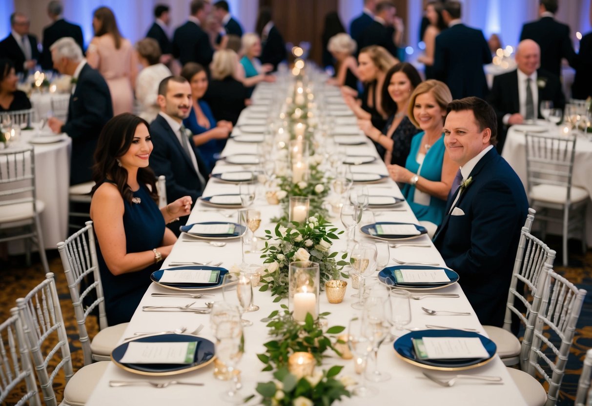 A long banquet table with two chairs at the center, adorned with elegant place settings and surrounded by smaller tables with guests mingling