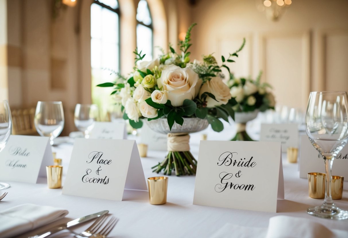 A beautifully decorated table with place cards and escort cards arranged neatly for the bride and groom