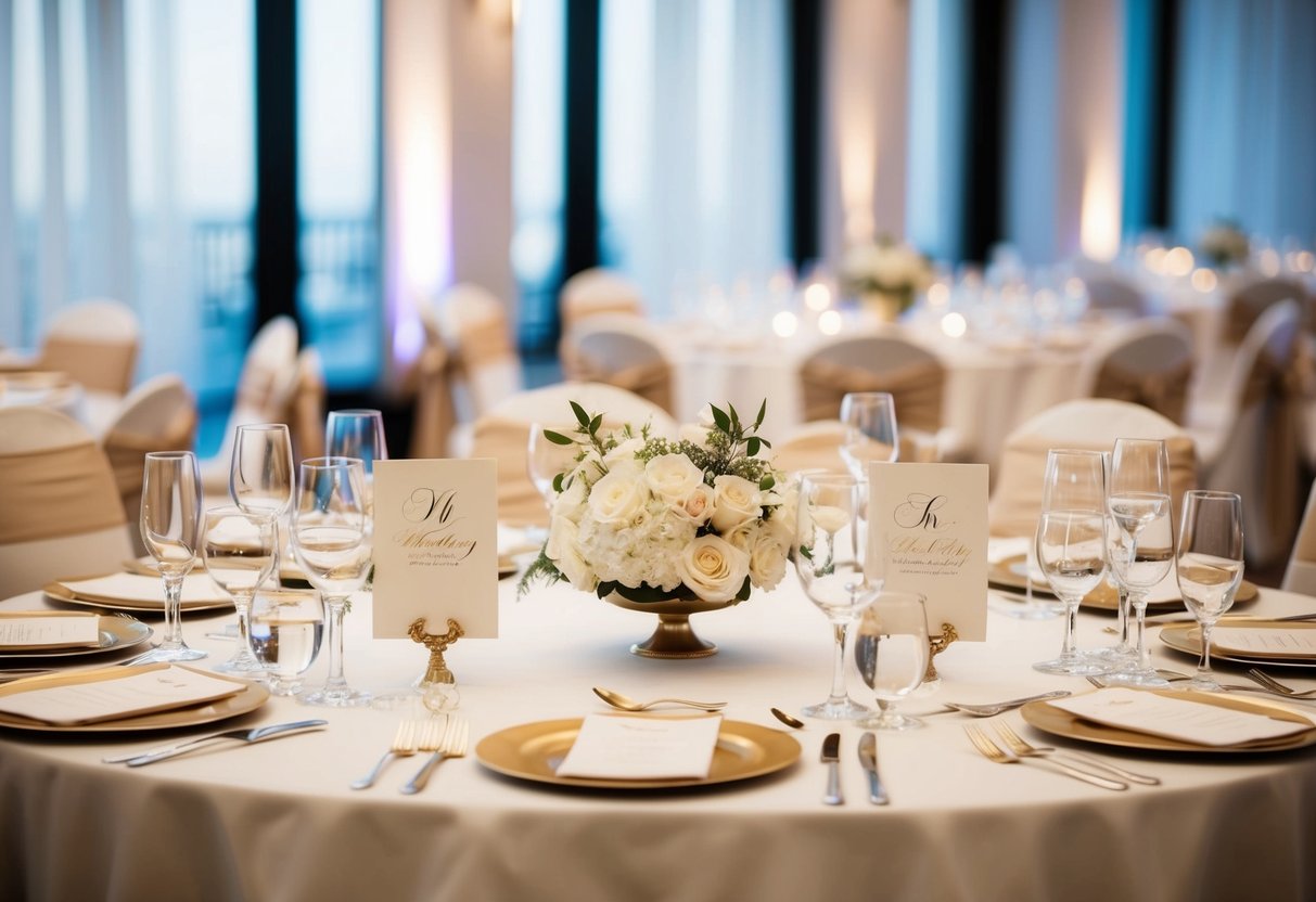 A beautifully set wedding reception table with elegant place cards arranged in front of each seat