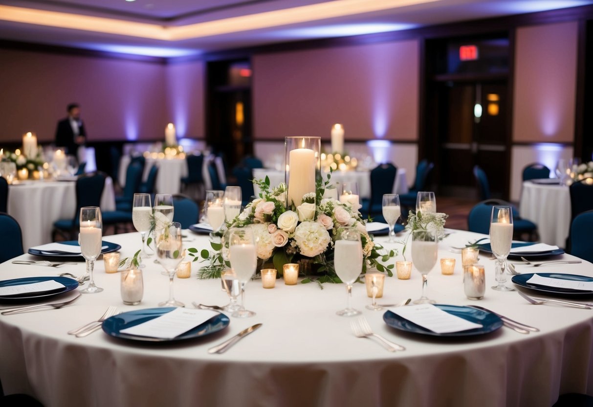 A round table adorned with flowers and candles, set apart from the rest, awaits the bride and groom at the center of the reception hall
