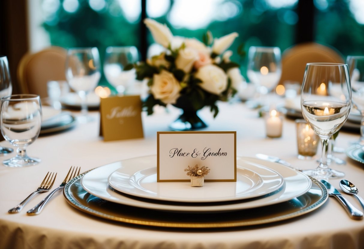A beautifully set table with elegant place cards for the bride and groom
