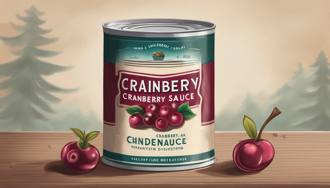 A can of cranberry sauce sits on a dusty shelf, its label faded and peeling. The expiration date is long past, and the contents appear discolored and unappetizing