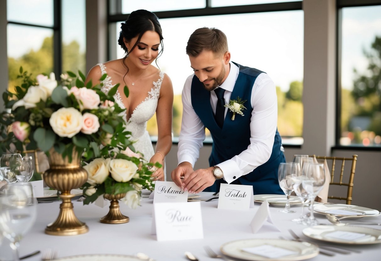 The bride and groom carefully arrange place cards on a table with floral centerpieces and elegant dinnerware