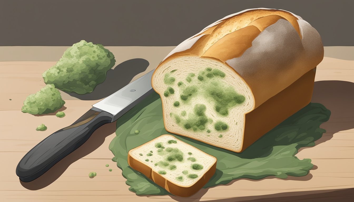 A piece of bread with a small amount of green mold growing on it, sitting on a countertop next to a loaf of bread and a knife