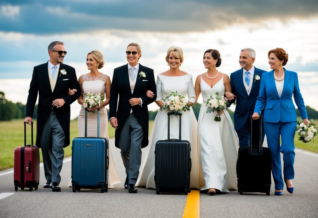 The mother of the bride travels with a small group of close friends and family members, all dressed in elegant attire and carrying suitcases
