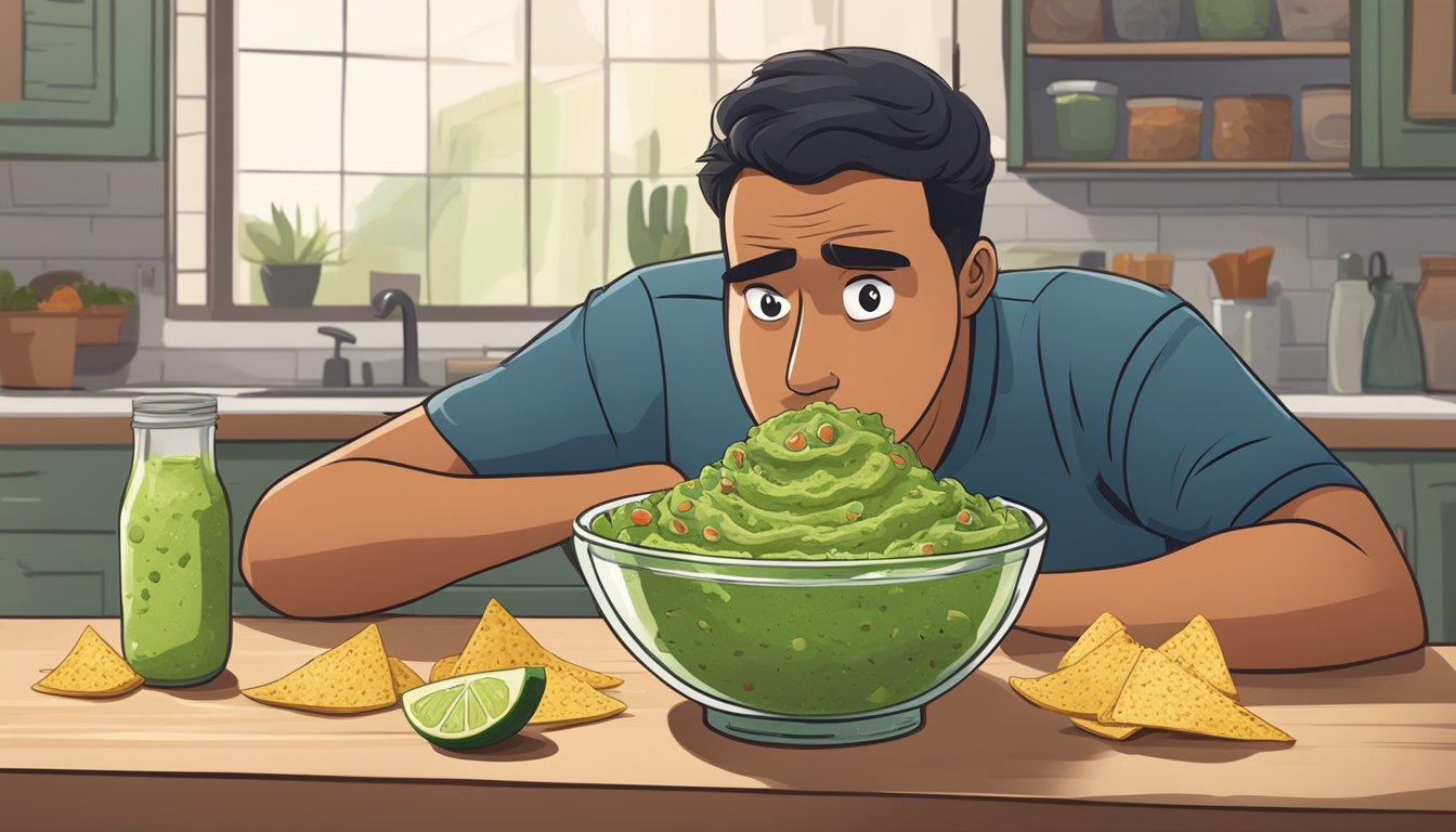 A bowl of guacamole with visible mold, surrounded by chips and a concerned expression on a person's face