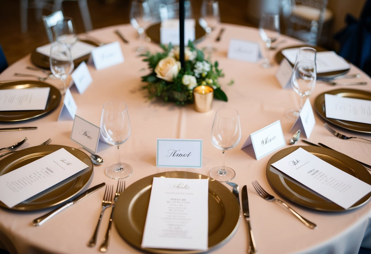 A circular table with name cards and place settings arranged neatly