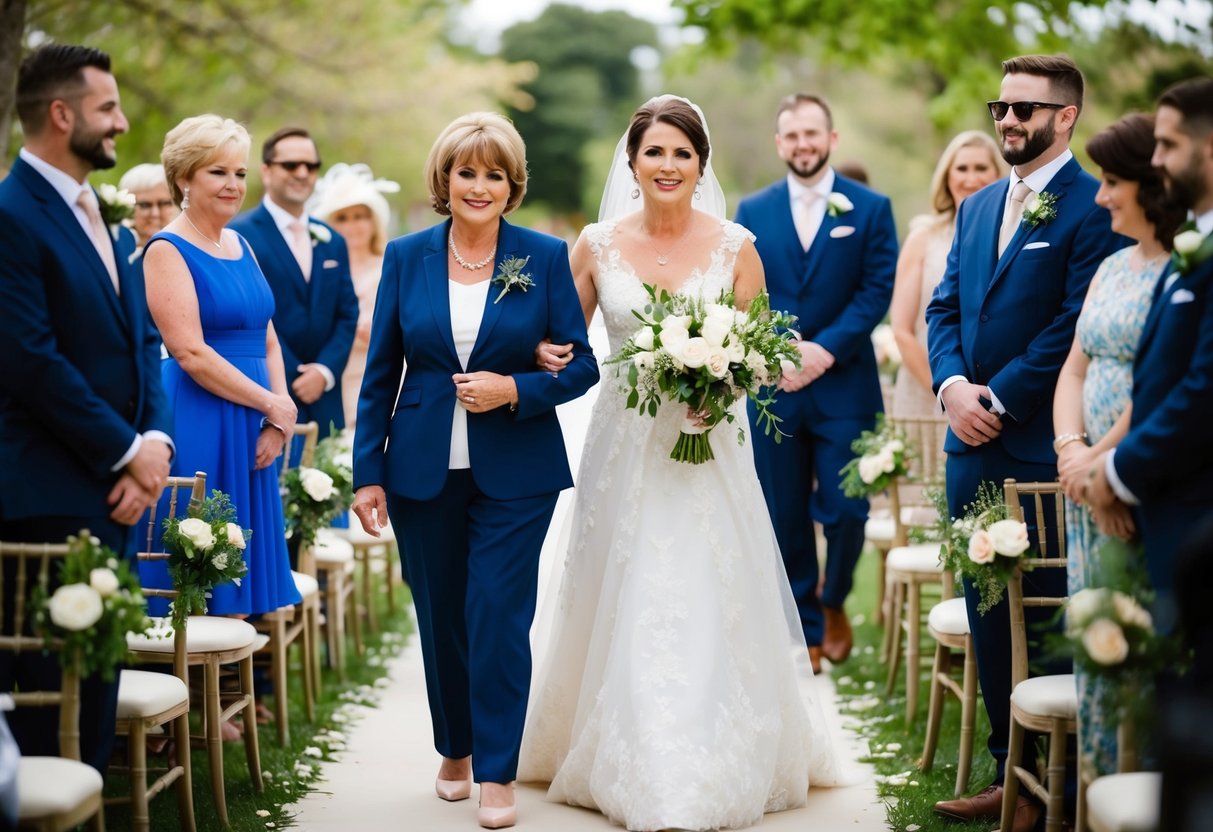 The mother of the bride walks down the aisle with a close family member or friend, preceding the bridal party in the wedding processional