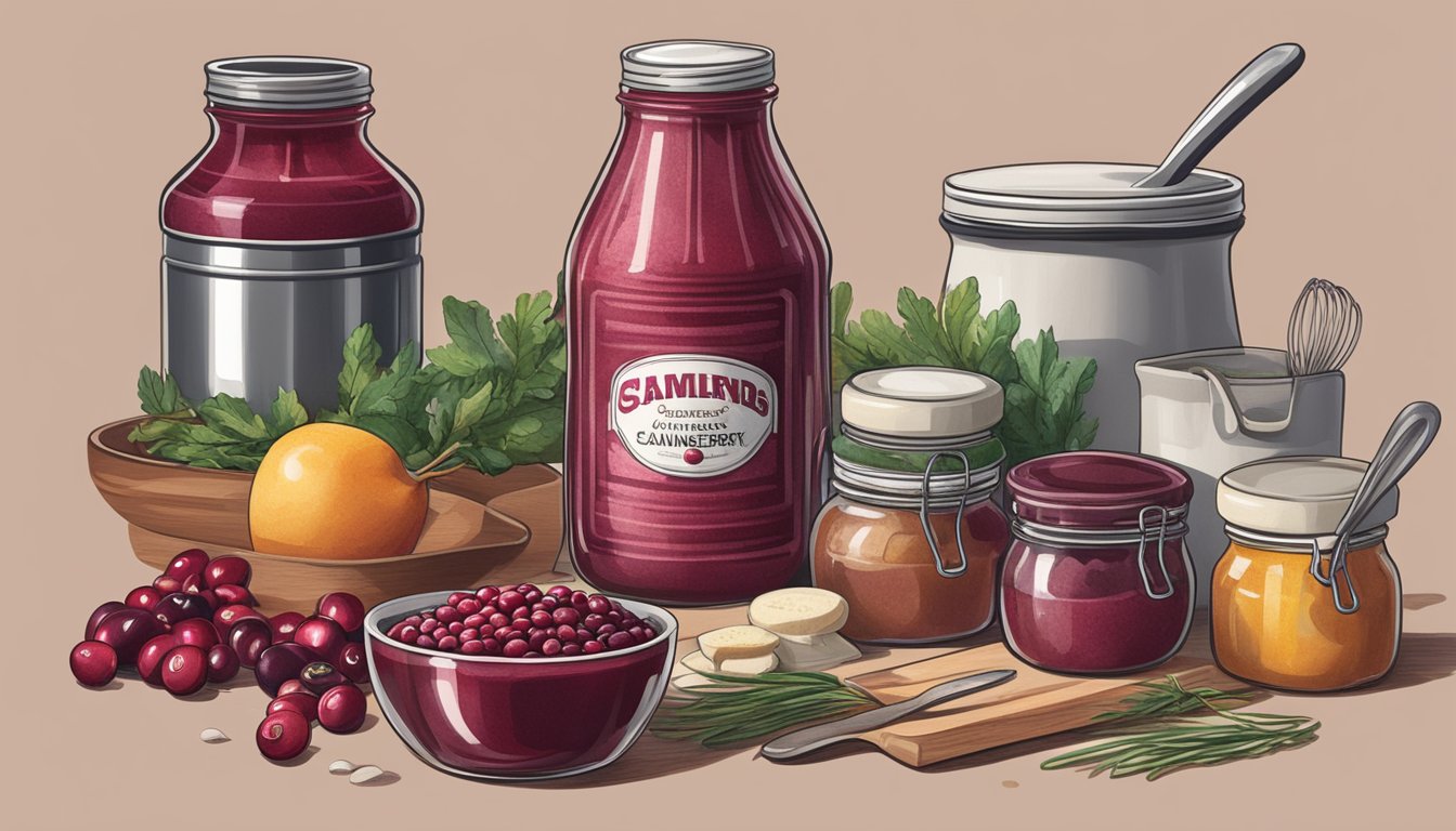 A jar of expired cranberry sauce sits on a kitchen counter, surrounded by various cooking ingredients and utensils