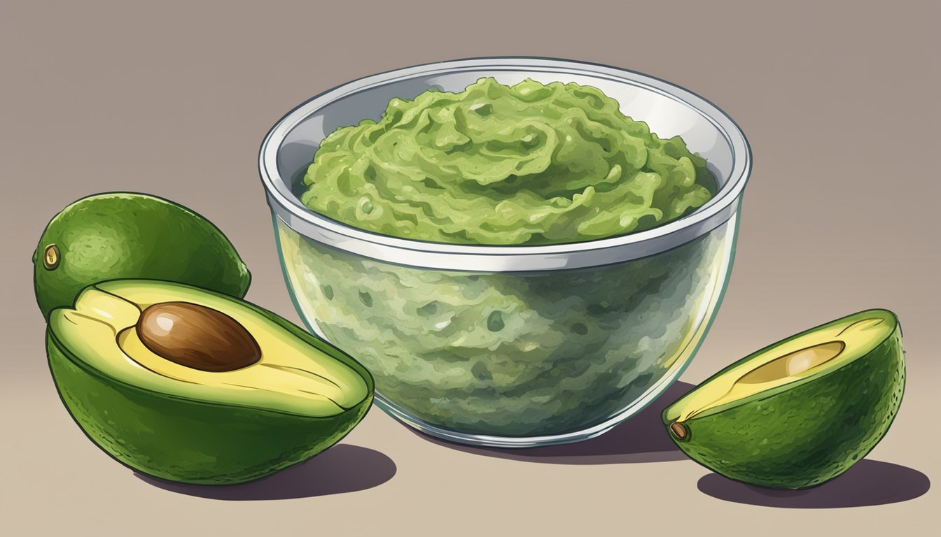 A bowl of guacamole with visible mold, next to a "Best By" date on the packaging