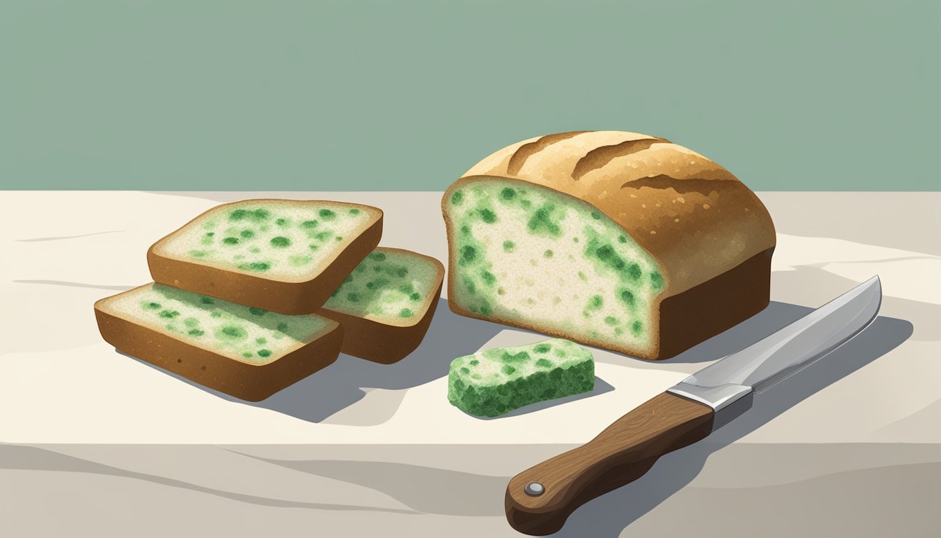 A piece of bread covered in a small amount of green and white mold, sitting on a countertop next to a knife and a loaf of bread